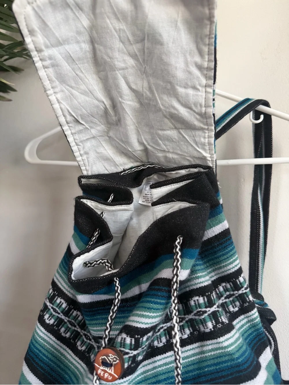 100% wool from Peru Handwoven Teal and Black Striped Women's Drawstring Backpack